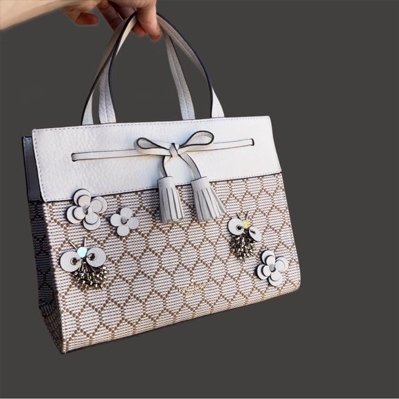 KATE SPADE White & Cream Honeycomb Beaded Bee Leather Crossbody Satchel Bag - Picture 6 of 13